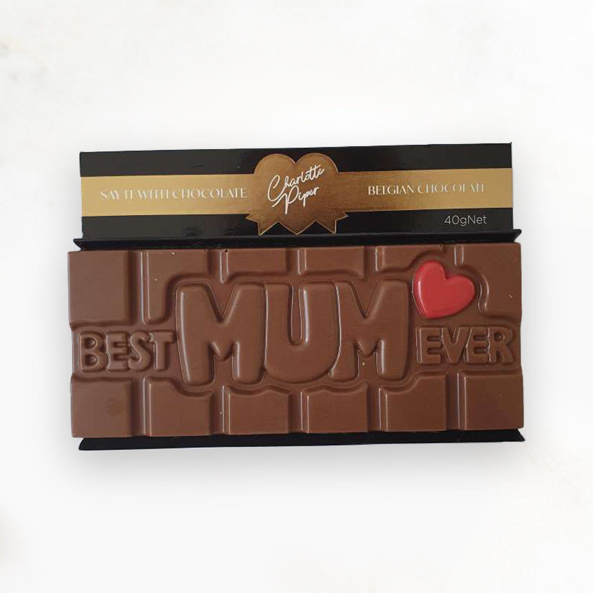 Chocolate bar with 'Best Mum Ever' text and a red heart