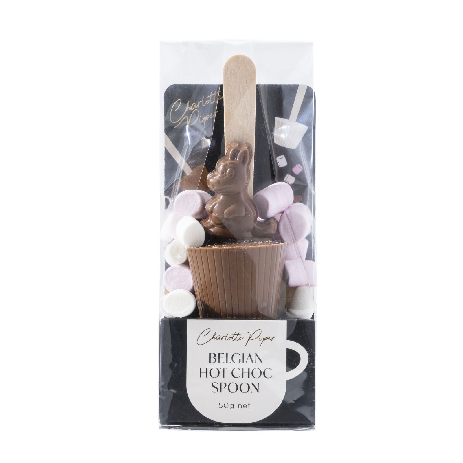 Packaged Belgian hot chocolate spoon with a bunny design o