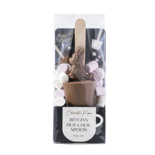 Packaged Belgian hot chocolate spoon with a bunny design o