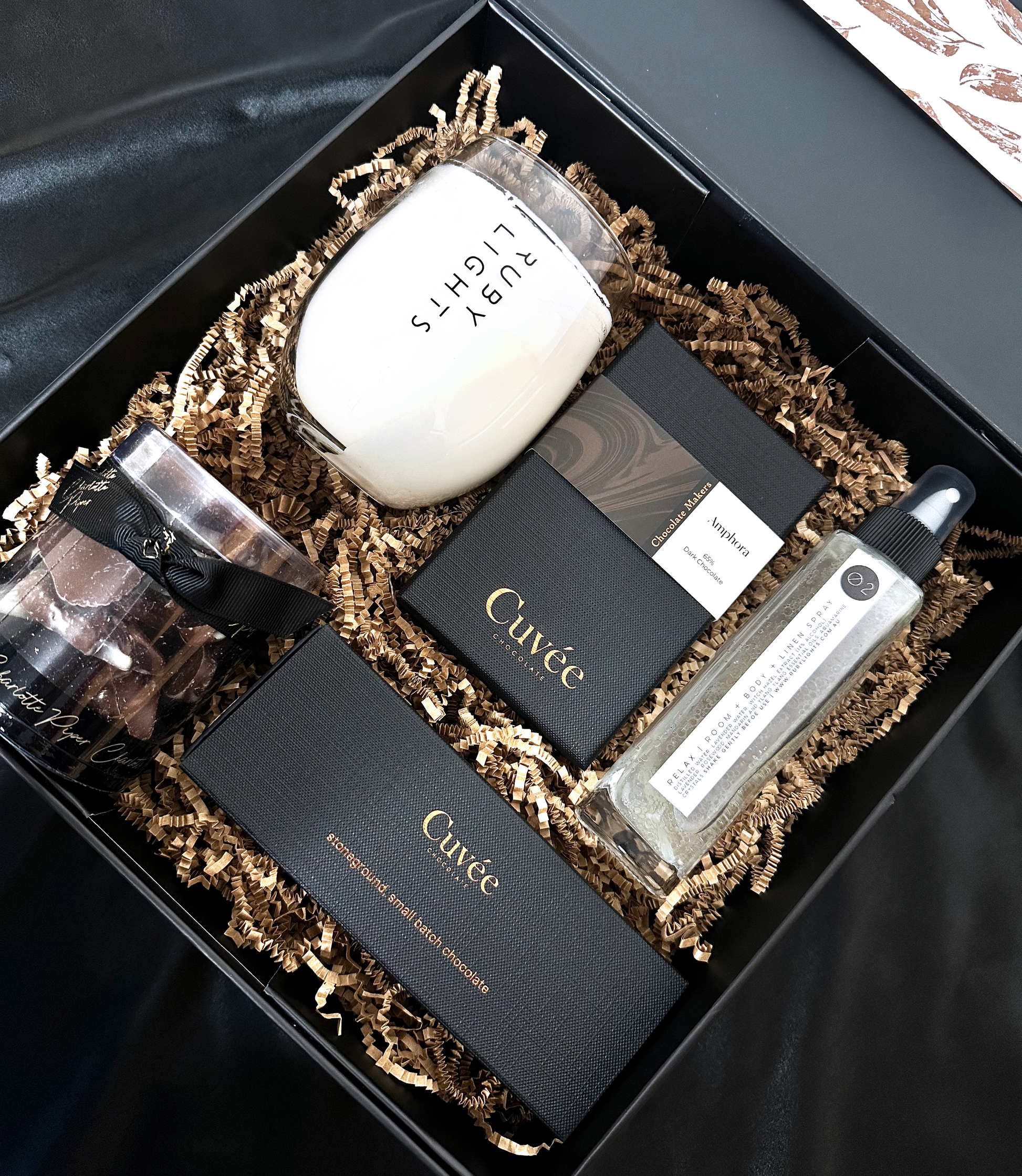 sweet Treat gift hampers with candle, cuvee chocolates and oil blend mist.