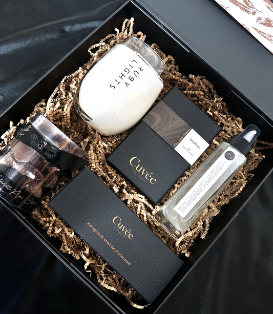 sweet Treat gift hampers with candle, cuvee chocolates and oil blend mist.